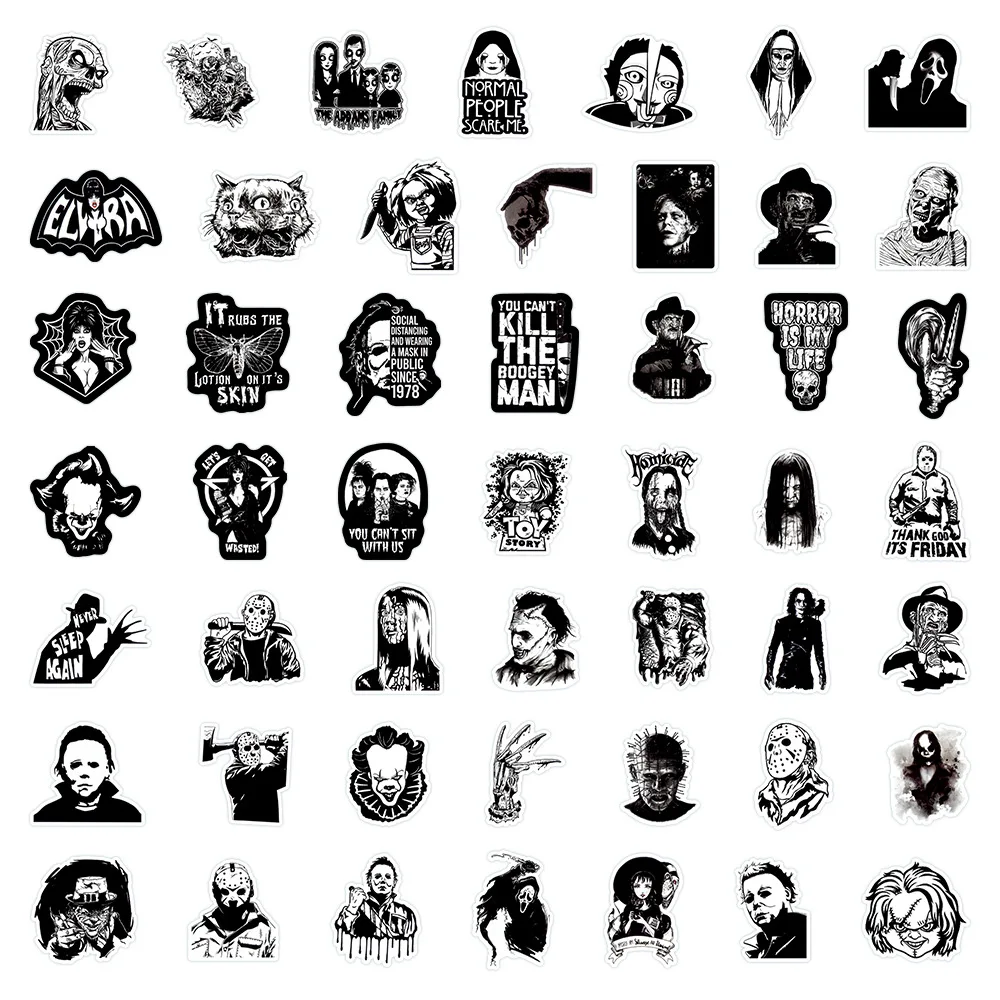 2024 New Black and White Horror Zombie Sticker Pack Cartoon Graffiti iPad Helmet Car Water Cup Guitar DIY Clipart Toy Decoration