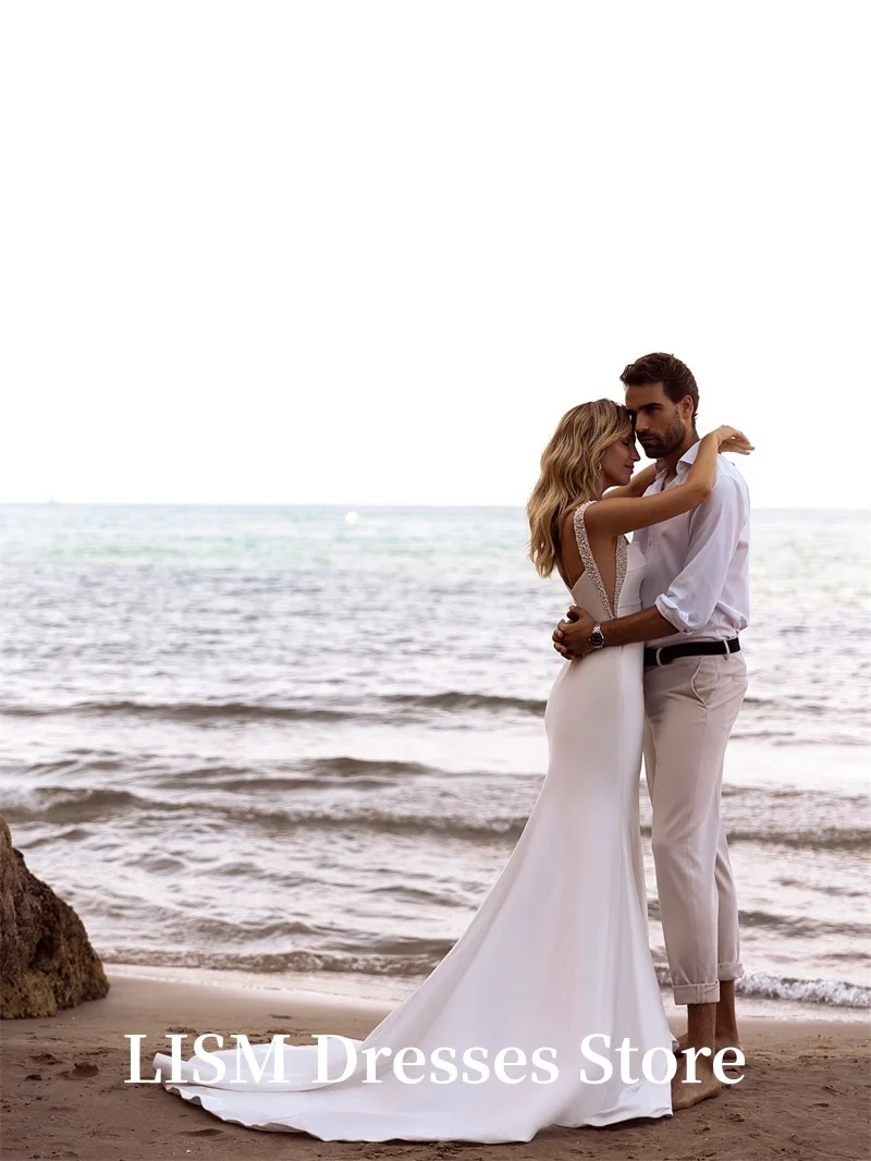 LISM Meerjungfrau Einfache Perlen Brautkleider Ärmellos Lange Spaghettiträger Seidensatin Elegantes Brautkleid Benutzerdefinierte Robe de Mariée