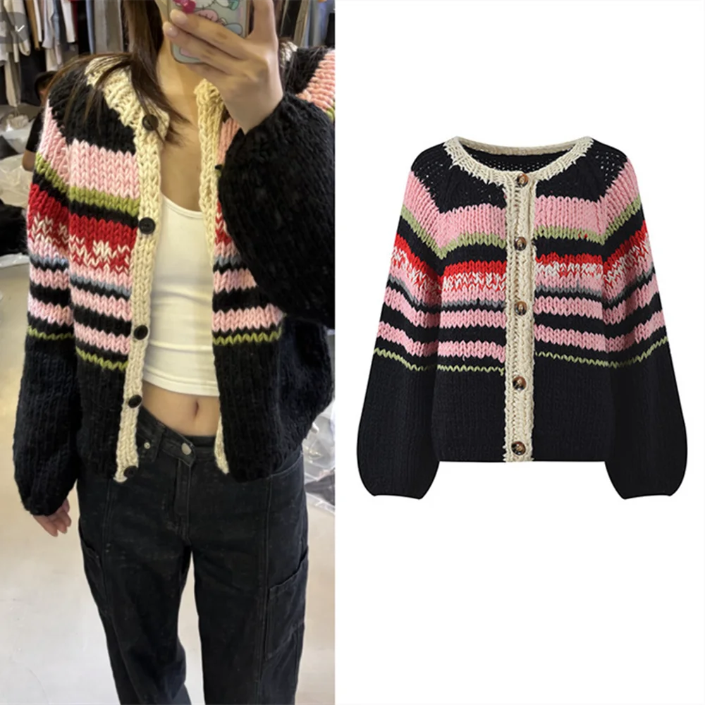 

Высококачественный осенне-зимний модный мягкий возрастной вязаный свитер, пальто, цветной полосатый свободный вязаный открытый кардиган