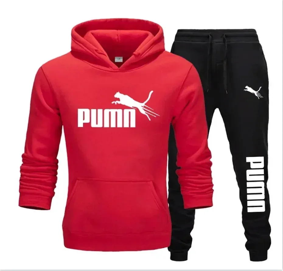 Ensemble sweat à capuche d'hiver pour hommes, mode polaire rouge, pantalon de marque noir, costume de jogging décontracté, survêtement