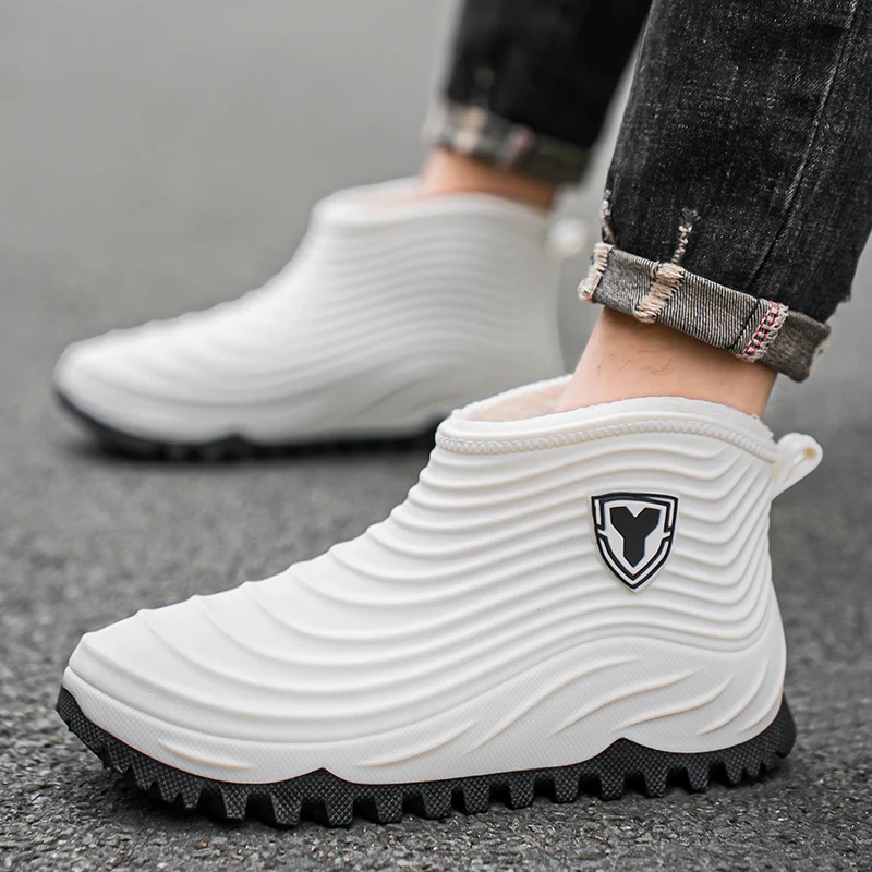 Men's casual cotton rain boots winter new warm plush waterproof anti-slip fishing water shoes car wash fashion chef rain shoes