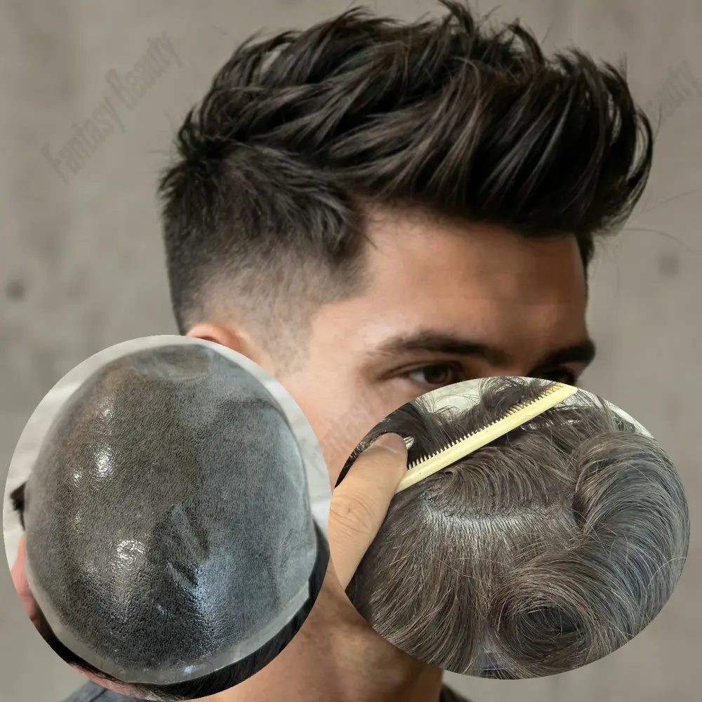 

Незаметный мужской парик-накладка из натуральных волос, 0,1 мм, ручной работы, на основе из ПУ, суперпрочный, цвет 1B черный, с естественной линией роста волос