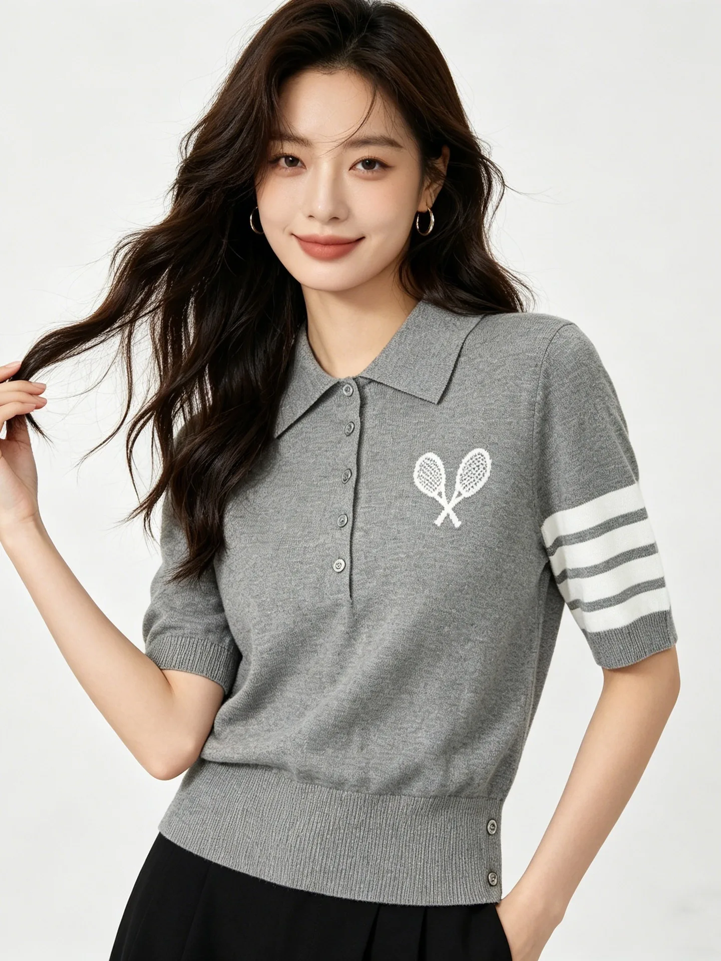 

Trendy Brand Summer New Tennis Racket Flip Collar Short Sleeve Shirt Women Casual Versatile Elegance Top Slim Fit Creati...