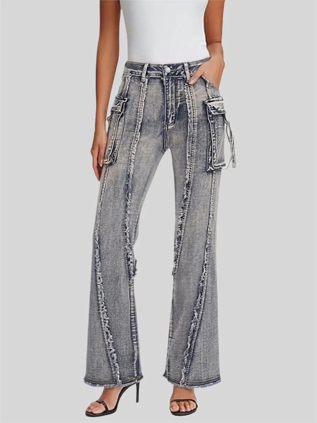 Street Style Cowboy Bell Bot Jeans High Waist Cotton Stretch Denim Micro Flared Pants with Frayed Hem Workwear Vintage Look