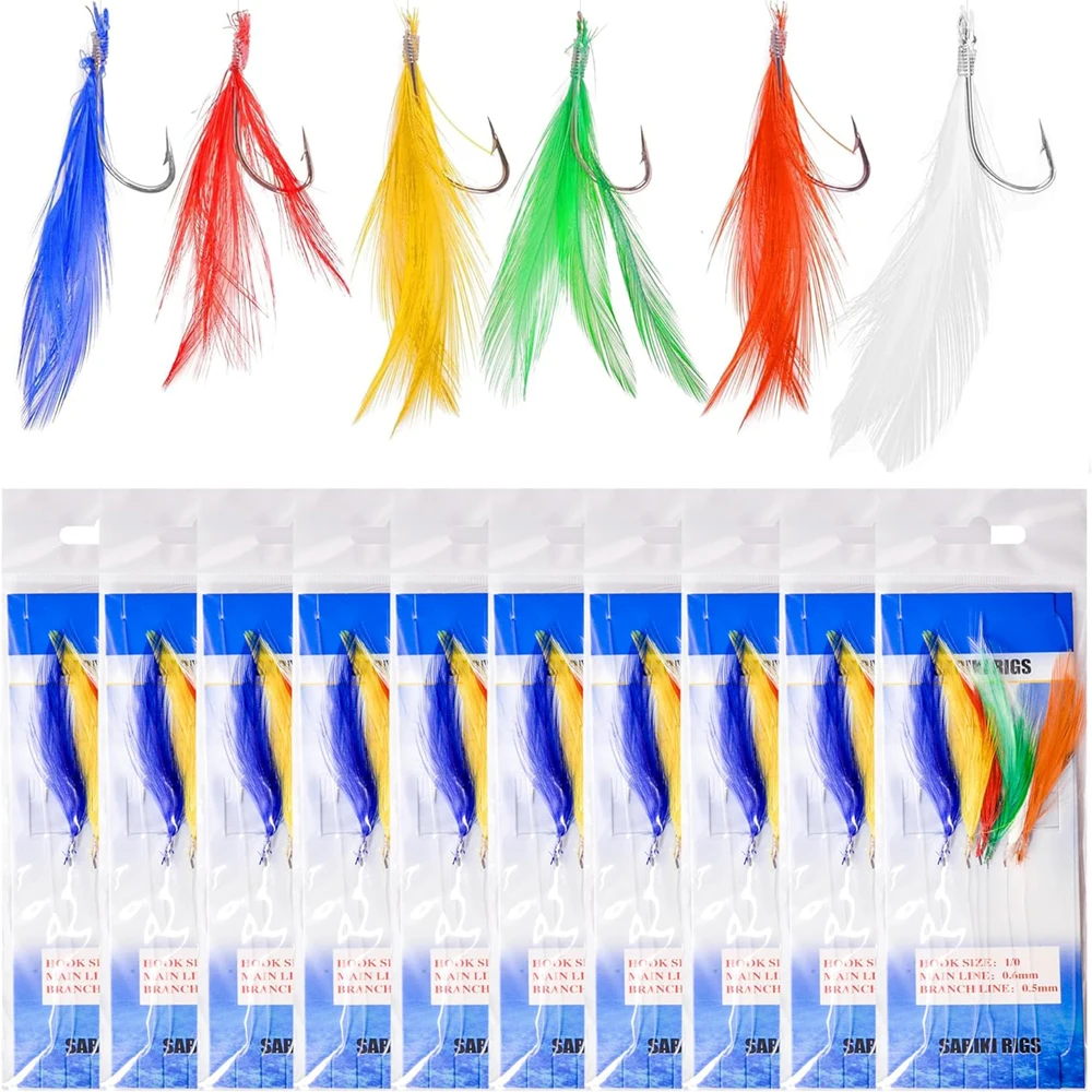 

6Packs Fishing Bait Rig Feathered Rig Fishing Lure Saltwater 6 in 1 String Hooks for Perch Rig Mackerel Bait Trolling Lure rigs