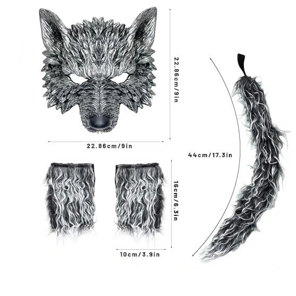 4 個の狼男コスチューム ハロウィン オオカミ マスク 手袋と尻尾セット、リアルなオオカミ コスチューム コスプレ アクセサリー キット