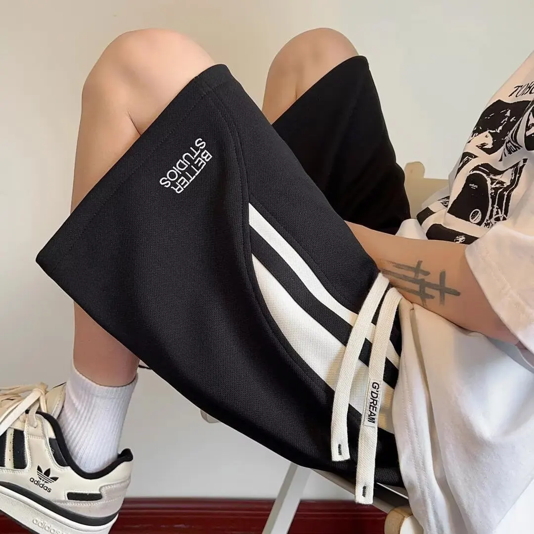 

Summer Large Size Baskeall orts Men's Loose Casual Five-Quarter American Retro Striped Straight Leg Sport Pants