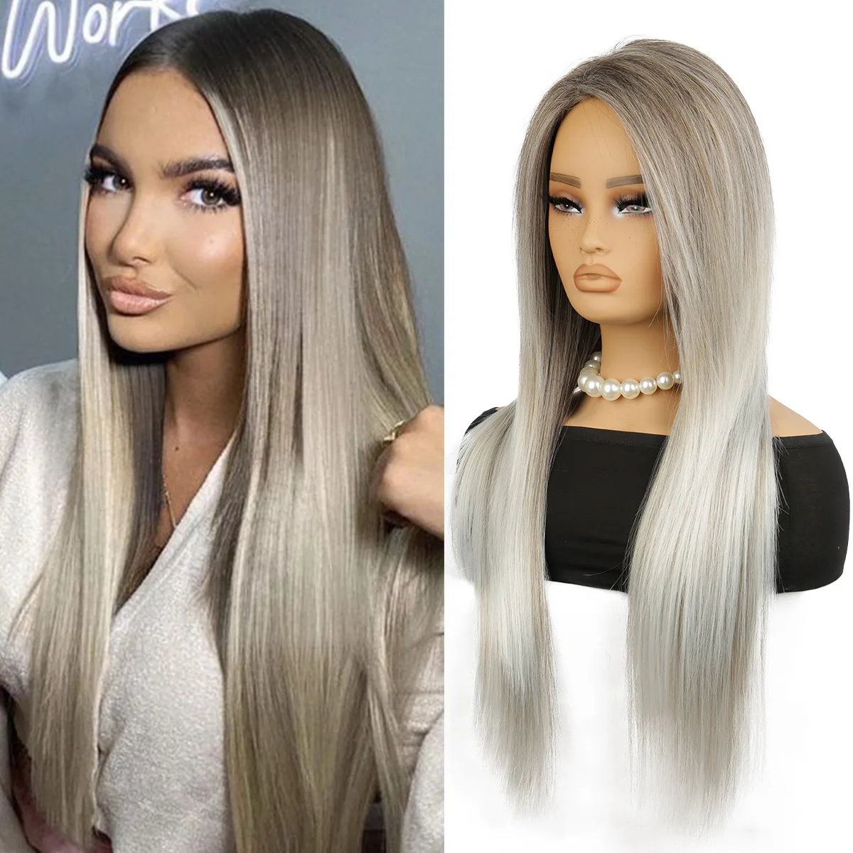 

Long Straight Wig for Women Ash Silvery With Brown Matte Synthetic Hair Glueless Lace Wig High Temperature Fibre Daily Party Use
