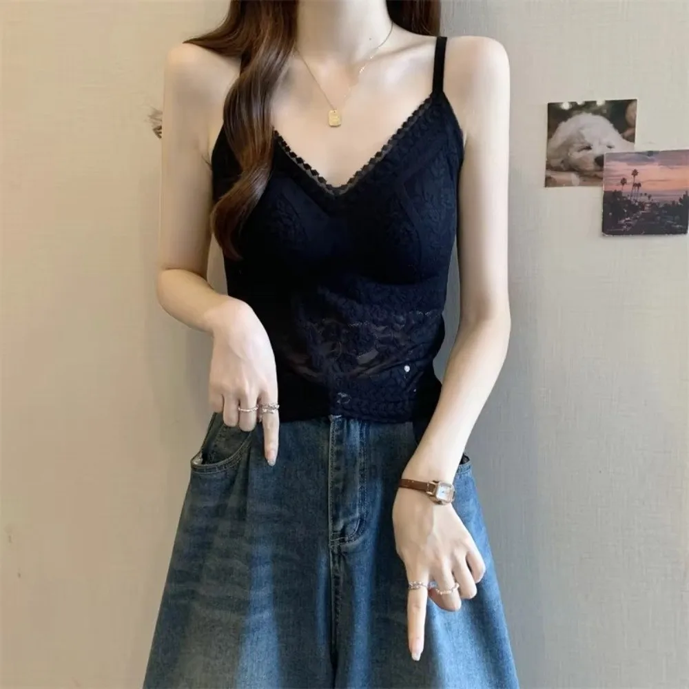 Fashion Built-In Chest Pad Lace Vest Slim Fit Beauty Back V-Neck Tank Top Seamless Crop Top Women Wear