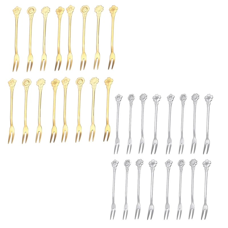 16Pcs 5.3 Inch Flower Stainless Steel Fruit Forks Dessert Cake Forks Salad Cocktail Fork Two Prong Dinner Fork