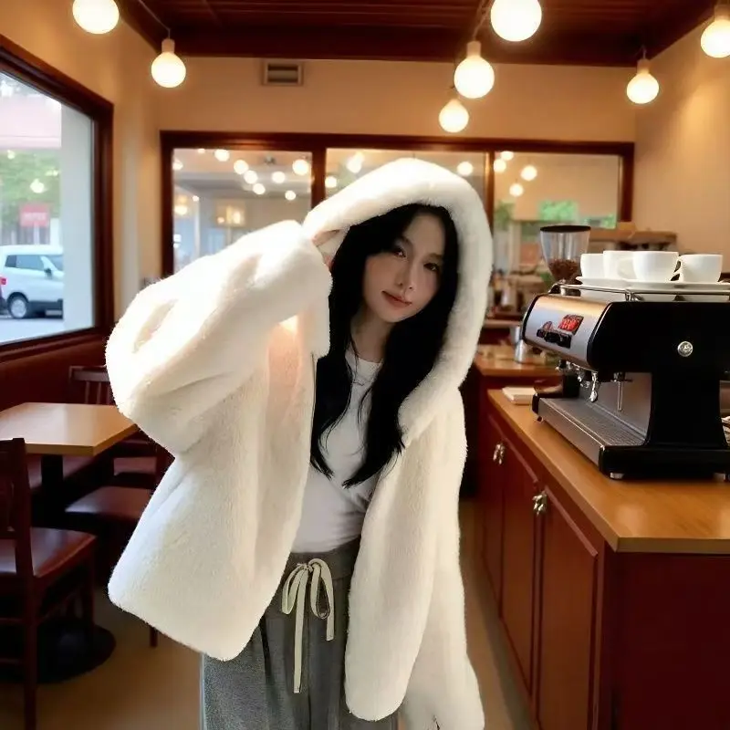Women's 2026 Winter Eco Faux Mink Fur Hooded Long Sleeve Loose Plush Jacket Thick Warm Elegant Chic Coquette Trendy Coat
