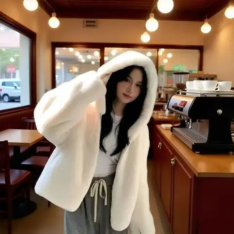 Women's 2026 Winter Eco Faux Mink Fur Hooded Long Sleeve Loose Plush Jacket Thick Warm Elegant Chic Coquette Trendy Coat