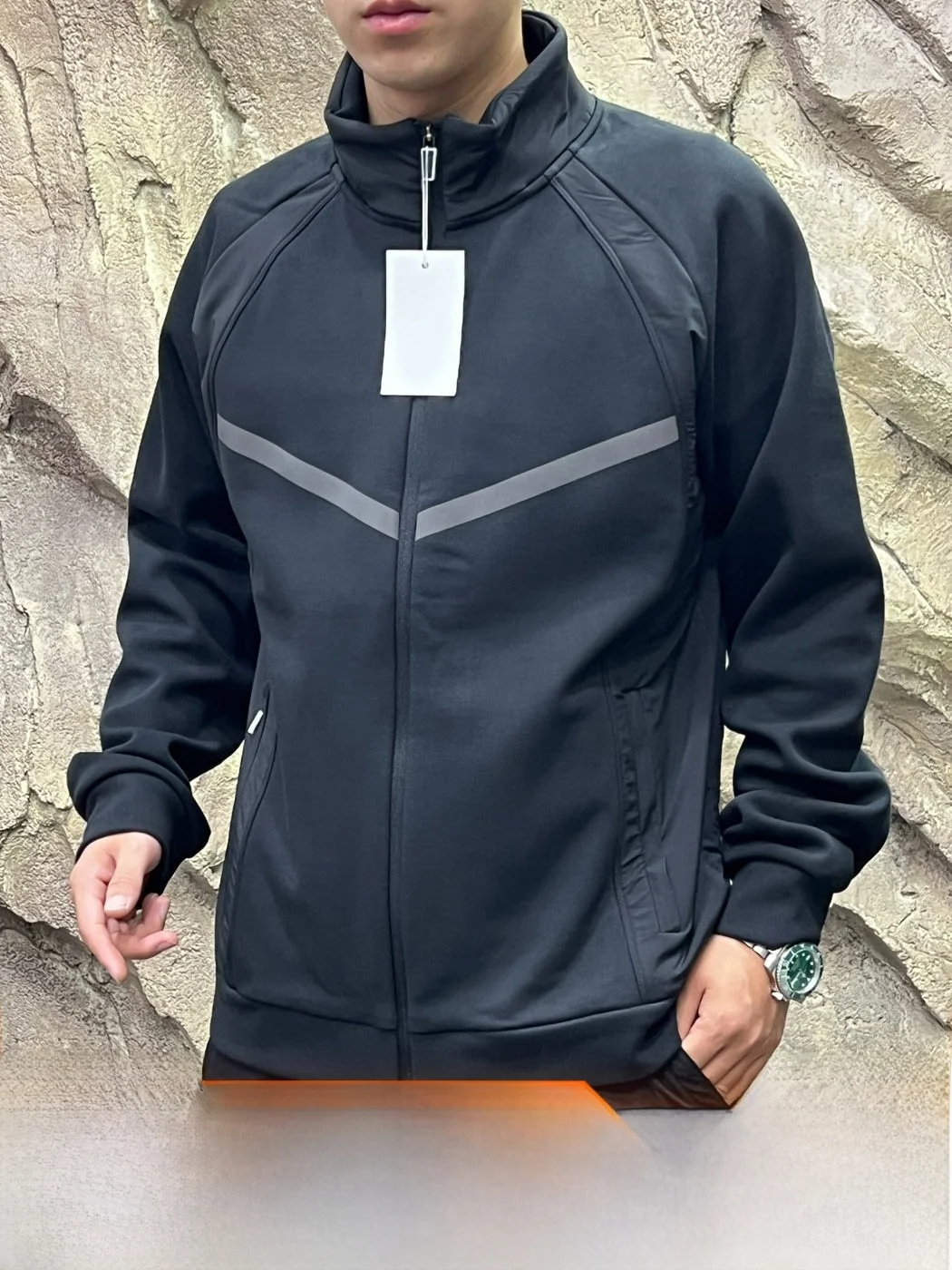 Functionality Meets Style: Reflective Design Air Layer Fabric Fleece Lined Stand Collar Jacket for Men Autumn Winter Warmth