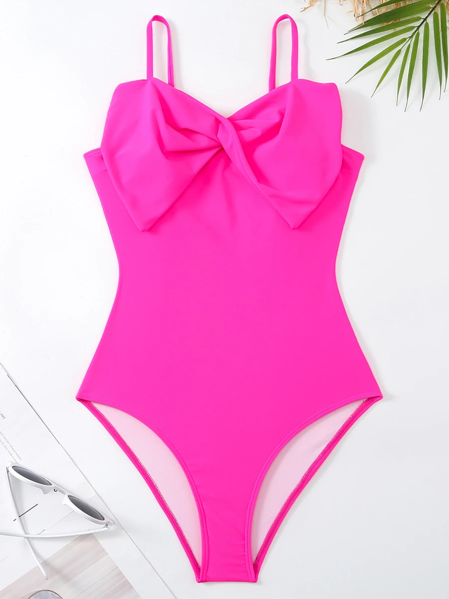 2024 Bowknot Solid Swimsuit Women One Piece Hot Pink Swimwear Female Beachwear Bathers Bathing Swimming Swim Suit