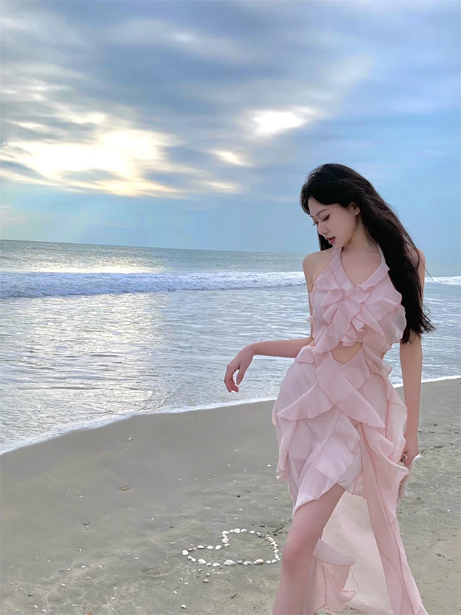 Dresses Womens Spring 2025 Winter Long-Sleeved Velvet Sashes Pleated Chiffon Sheer Flare Frill Flounce Flutter Swinging Elegant