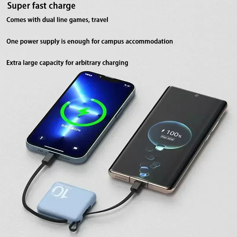 Mini Power Bank Built-in Cord Portable Micro Compact Power Bank 10000mAh Fast Charging External Battery Mobile Phone Accessories