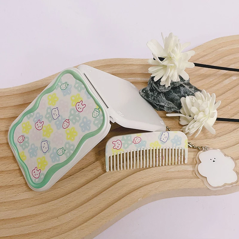귀여운 만화 작은 곰 접이식 클램셸 거울, 메이크업 거울, 빗 포함, 휴대용 크리에이티브, 여자 핸드헬드 거울