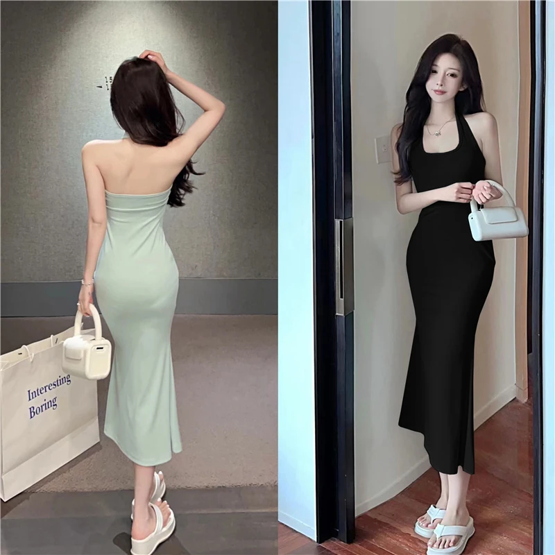 Pure Desire Wind Hanging Neck Fishtail Dress Elegant and Luxury Style Off Back and Slim Long Skirt 2024 New Black Gift Dress