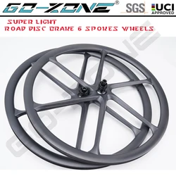 Super Light 700c 6 spoke Carbon wheel Road Disc Brake 28mm Width Clincher Tubeless Thru Axle / QR Wheels