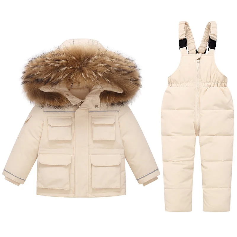 Russian Winter Children Girl Overalls Clothes Set Real Raccoon Fur Down Jacket For Girl Waterproof Baby Boy Snowsuit Ski Suit