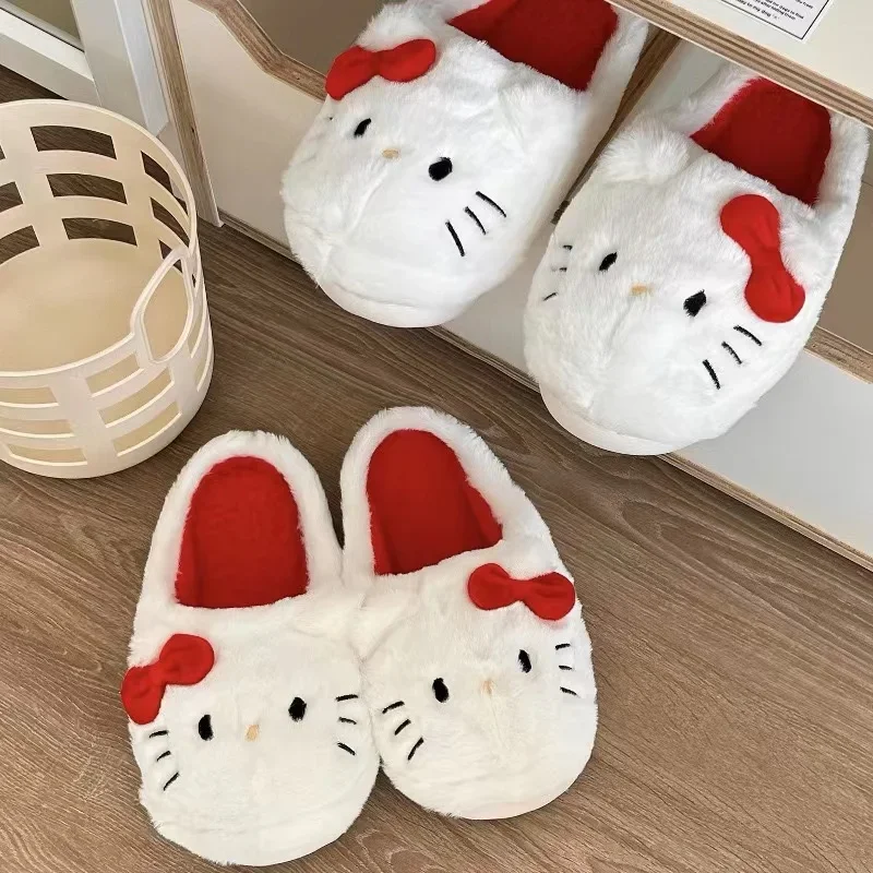 Cute Bow Hello Kitty Home Plush Slippers Autumn and Winter Thickened Non-Slip Slippers Cartoon Student Dormitory Cotton Slippers