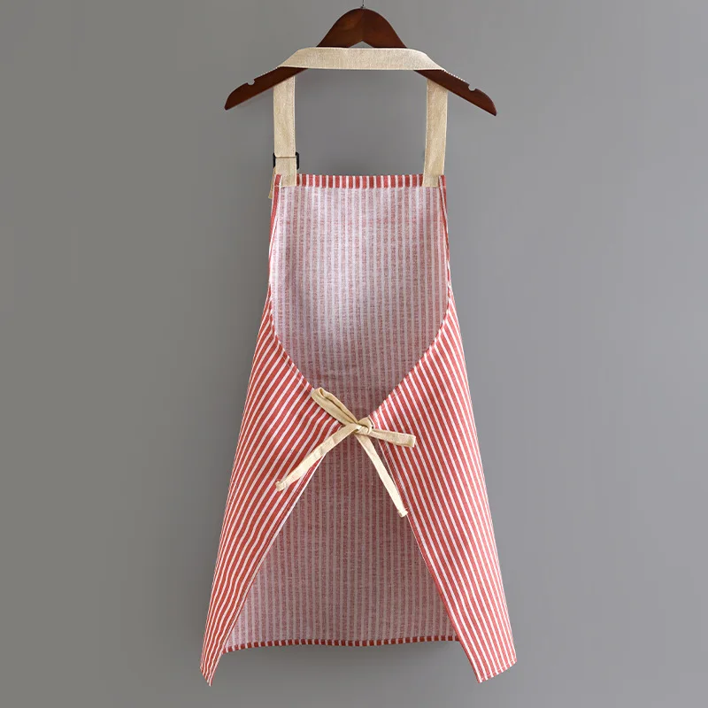 Hemp Apron Striped Cotton Household Japanese Aprons For Cleaning Cooking Baking With Large Pocket Cute Women\'s Apron Overalls