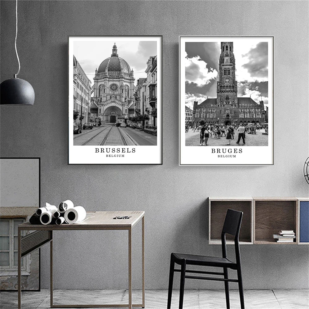 Monochrome Black White European Historic Town Wall Print Bundle Minimalist Neutral Canvas Poster Home
