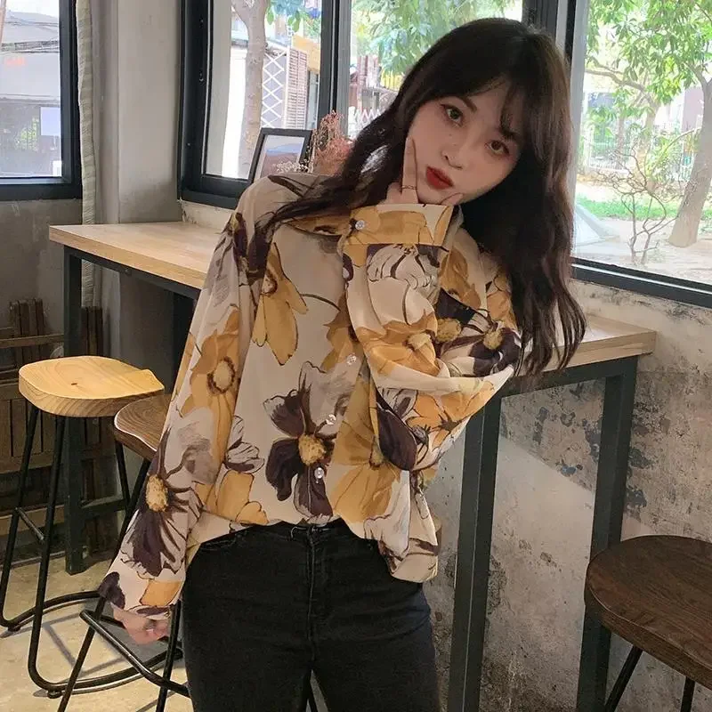 

Blouse Women Shirt Spring Autumn Casual Polo Collar Chiffon Printed Loose Long Sleeves Flower Girl Blusas Mujer De Moda