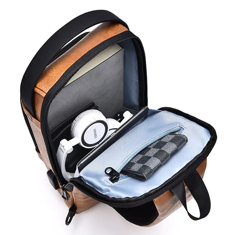 New Casual Chest Bag Travel shoulder bag Men Multifunction Anti-theft USB Charging Crossbody Bag Quality PU Leather Pack Male