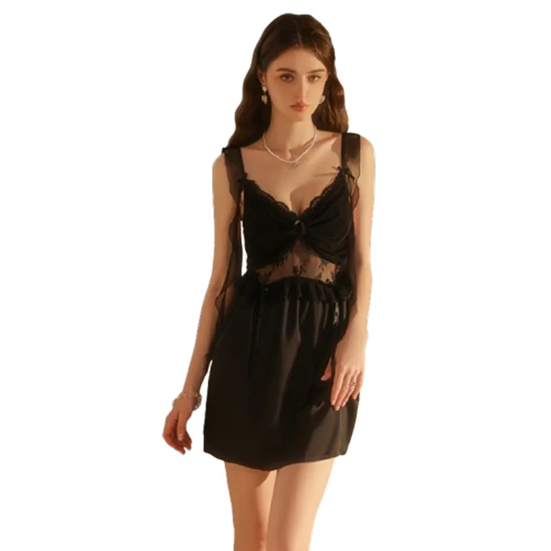 

Sexy Lingerie Deep V Ruched Mesh Sheer Lace Satin Babydoll Nightgown With Padded Bra Ribbon Trim Hot Erotic Loungewear Women