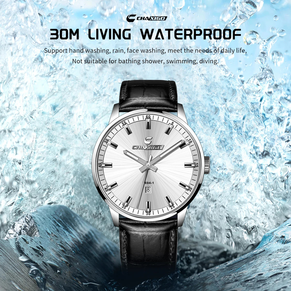 ساعة CHAXIGO للرجال بحزام جلدي للأعمال، وظيفة تقويم كاملة، مقاومة للماء حتى 30 مترًا، علامات مضيئة، تصميم خفيف الوزن
