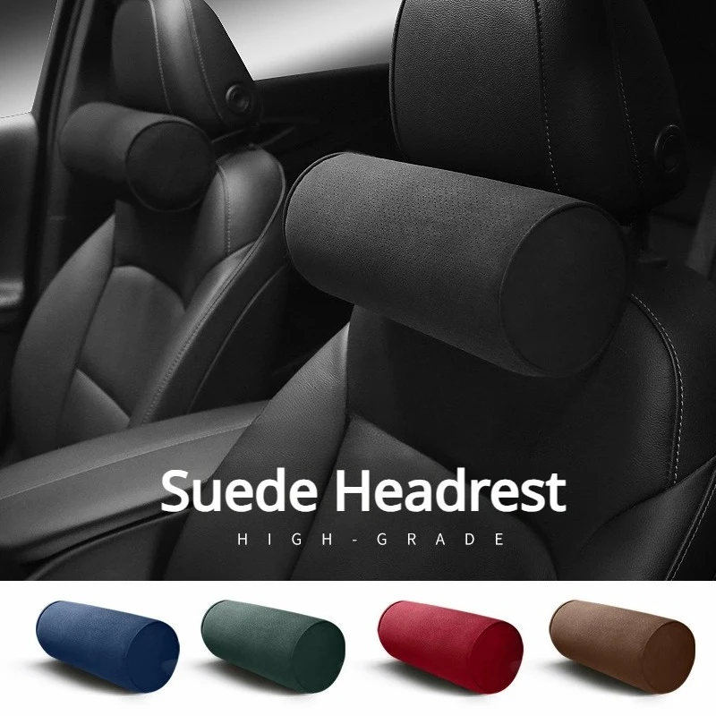 Universal Auto Synthetic Suede Car Headrest Neck Pillow Round Headrest High-end Car Interior Accessories for Tesla Benz BMW VW view 2