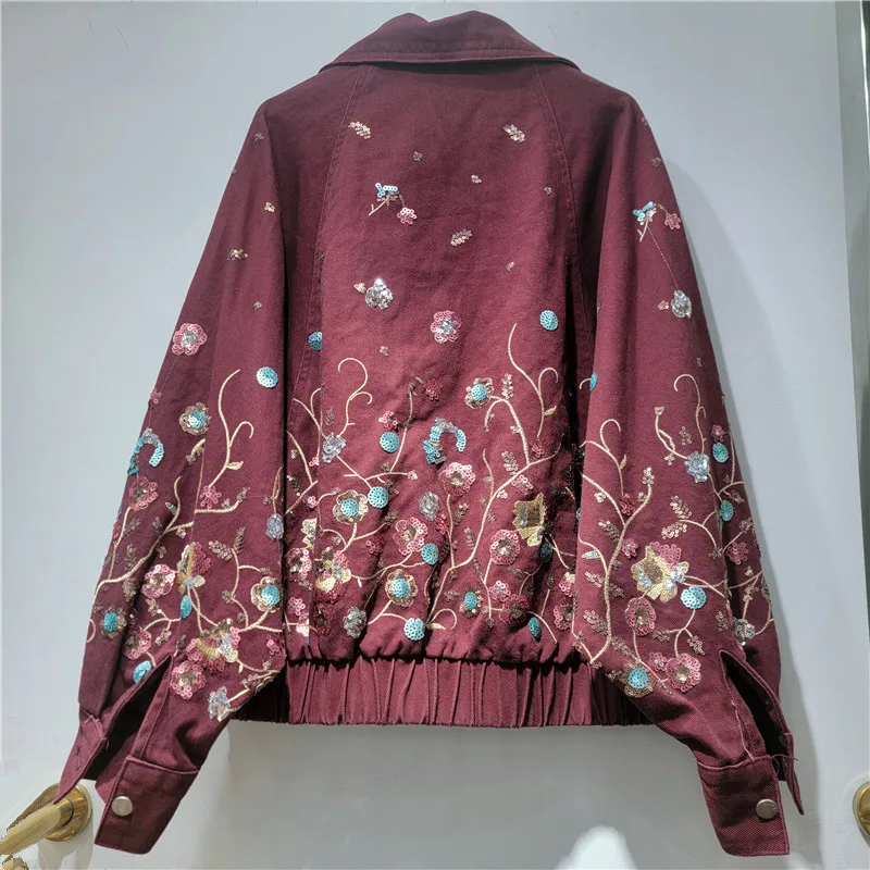 ANJY Spring Autumn New Women Vintage Washed Heavy Colorful Floral Sequin Embroidery Denim Jacket Stylish Elastic Hem Coat A25895