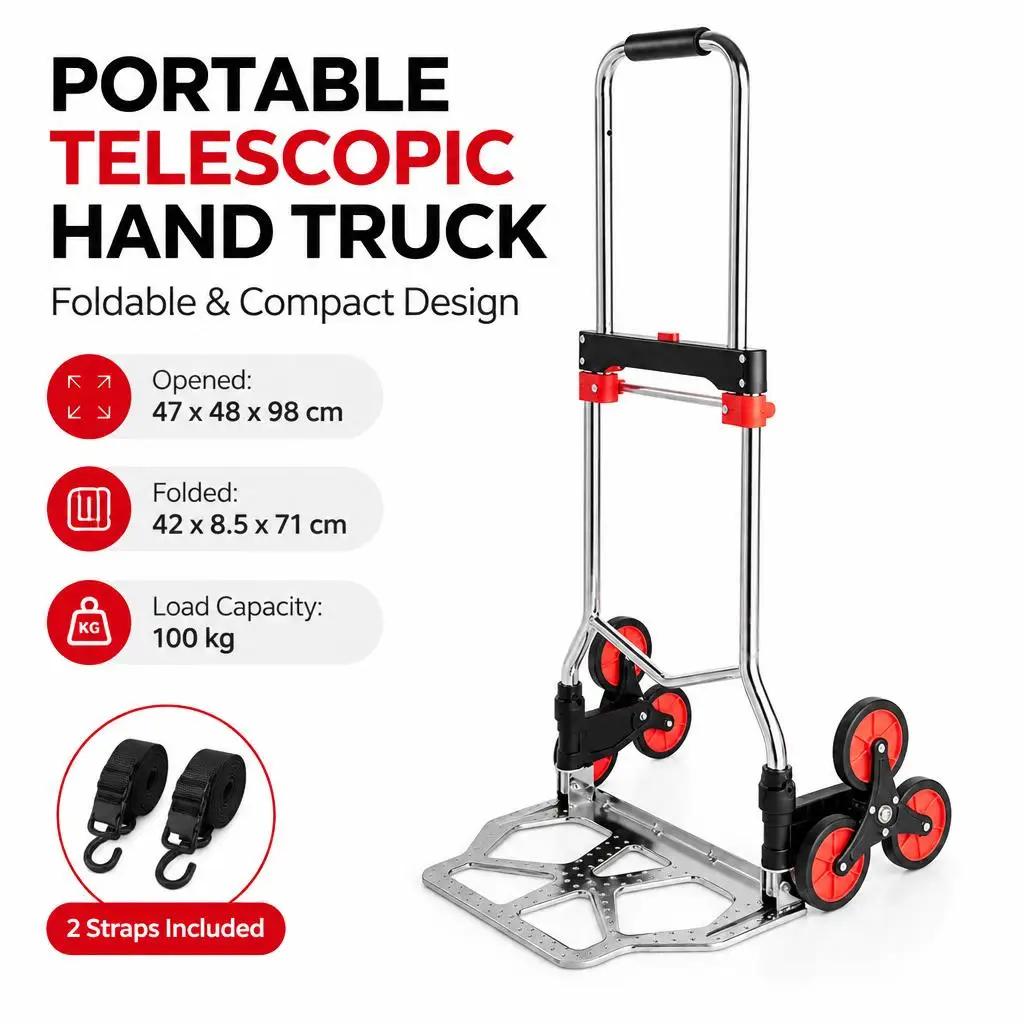 Carrello portatile pieghevole, robusto carrello telescopico con capacità di carico di 100 kg, dotato di ruote per salire le scale, manico regolabile e base antiscivolo, ideale per trasportare oggetti,