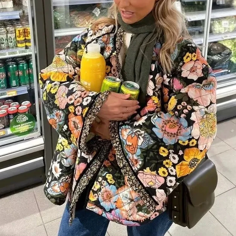 TWOTWINSTYLE Colorblock Printing Casual Coats For Women Round Neck Long Sleeve Patchwork Single Breasted Jackets Female Fashion