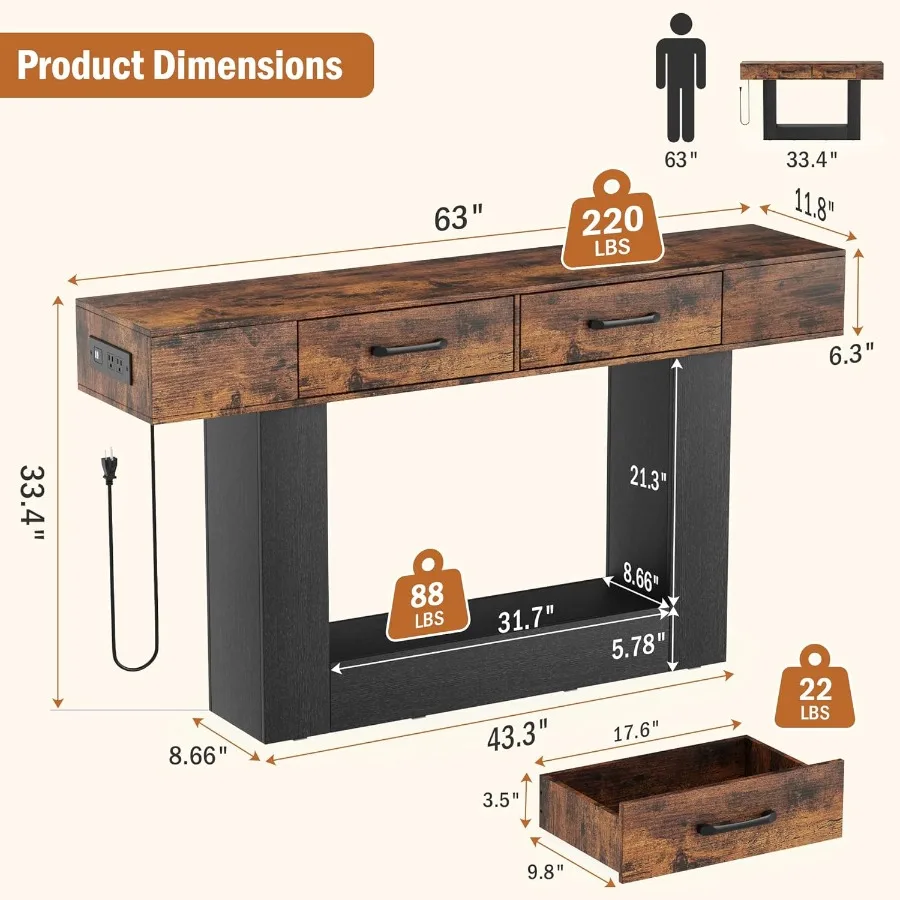 63 Long Console Table with LED Lights Charging Station2Tier Entryway Table with Drawers and Open Storage Shelf for Entry Way Fa