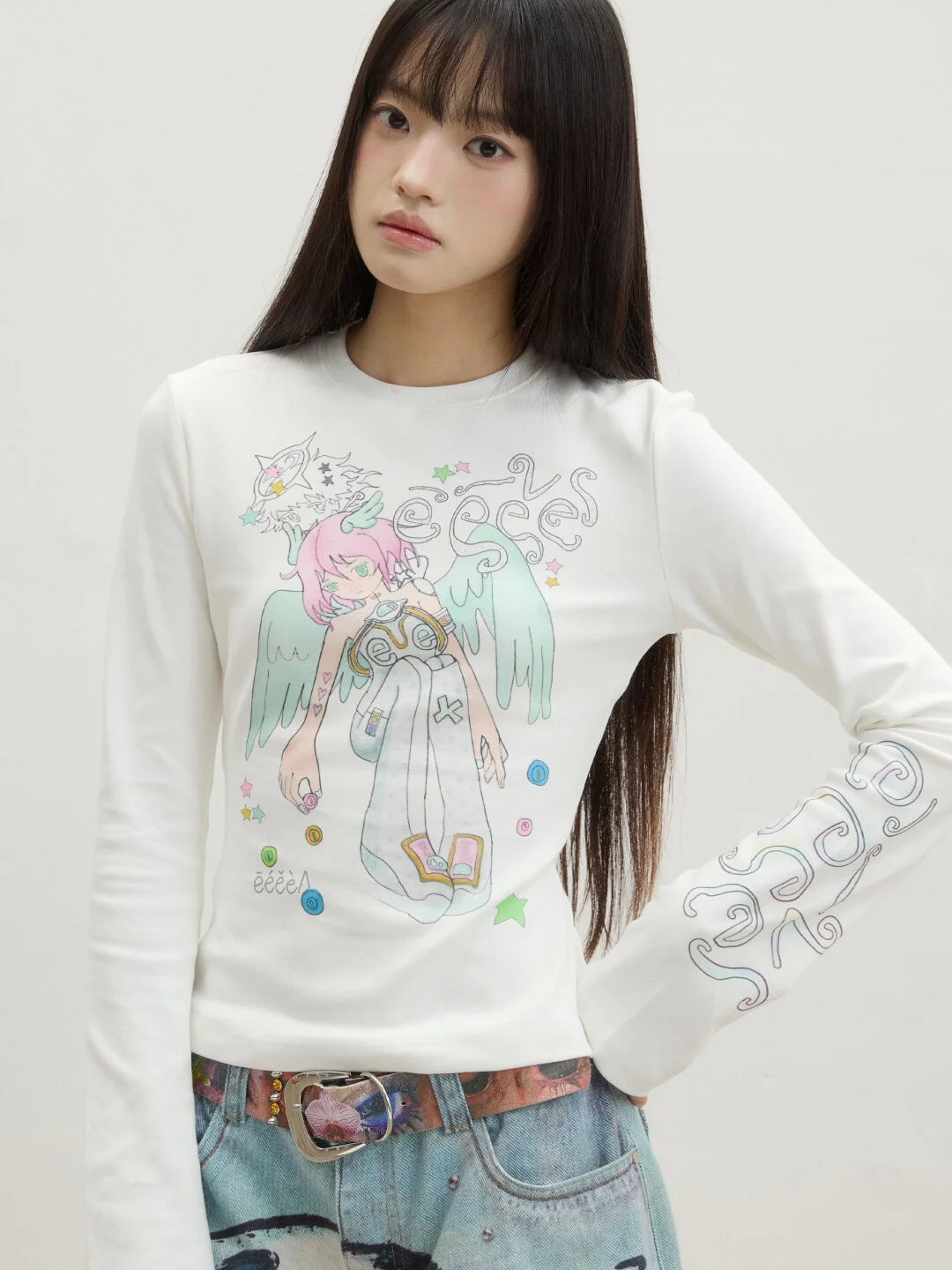 

Hand-Dn Angel Cartoon Pure Cotton Long Sve ort Fit Women's T-irt Comfortable Breathable Base Layer Top for Girls