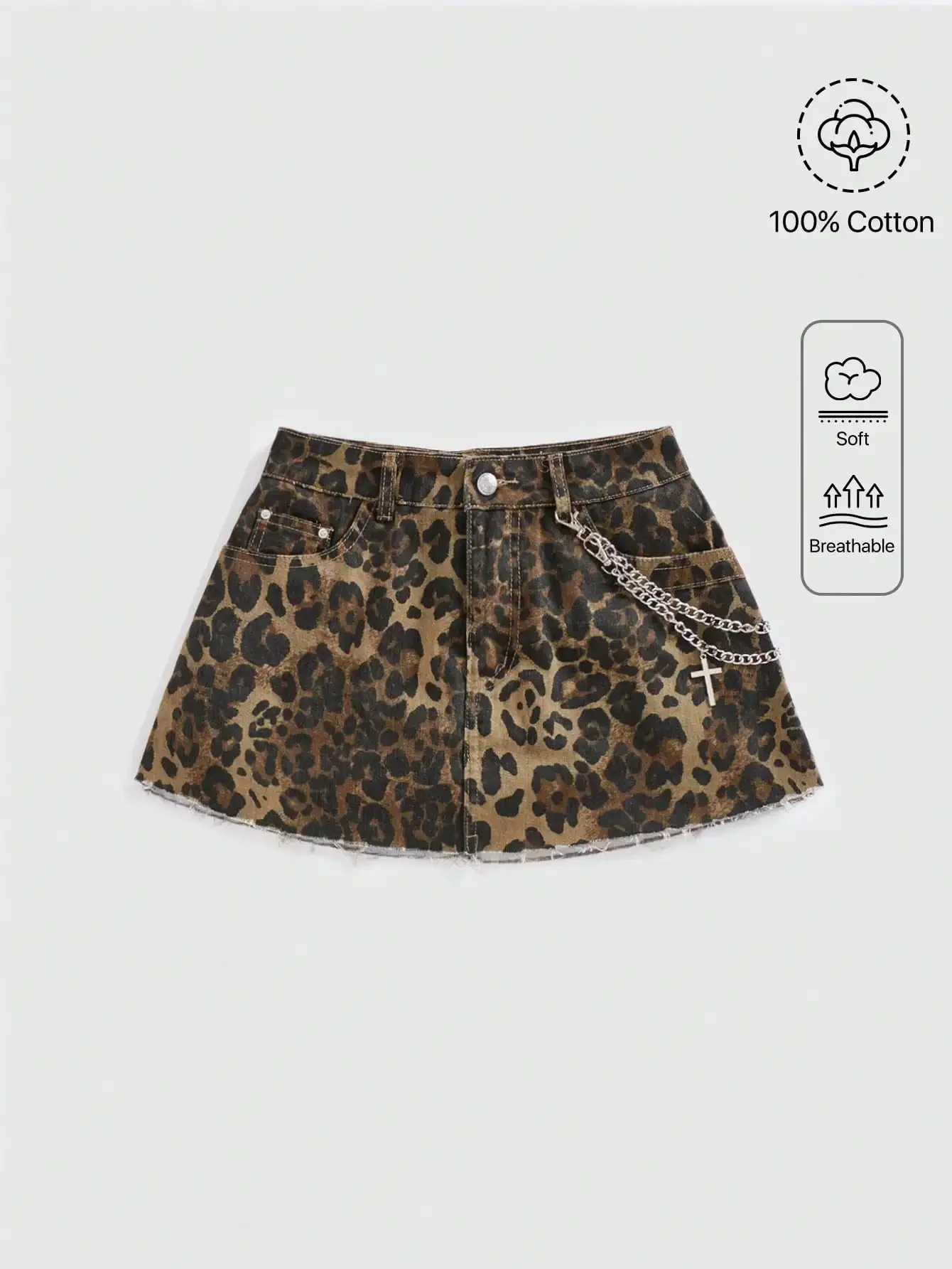 

Leopard Print Denim Mini Skirt with Cross Chain Detail, 100% Cotton