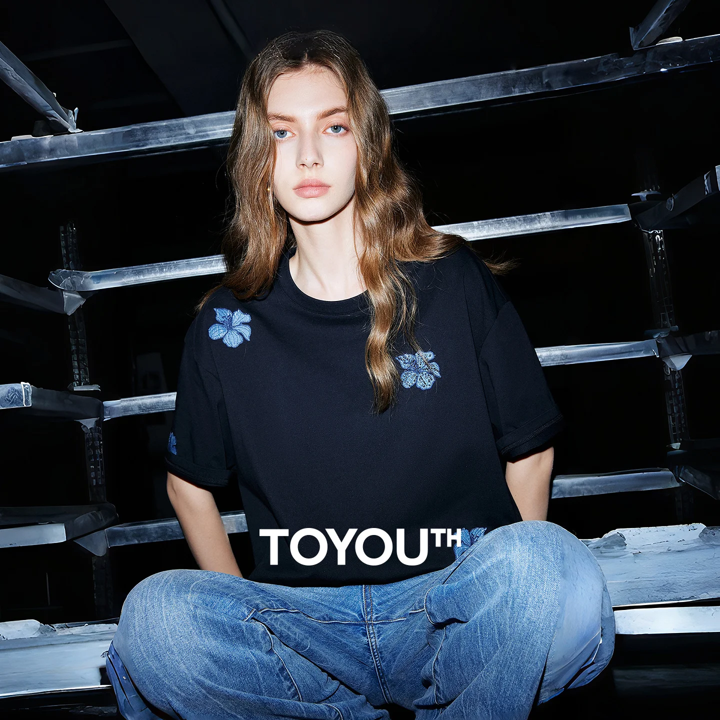 TOYOUTH Women T Shirts 2026 Summer New Denim Flower Patch Embroidery Loose Crew Neck Cotton Tops