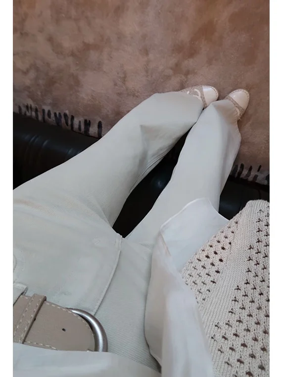 

Slim Straight Jeans Women's Casual Cotton Stretchy Long Pants with Belt Simple Commute Versatile Lengthening Legs Effect