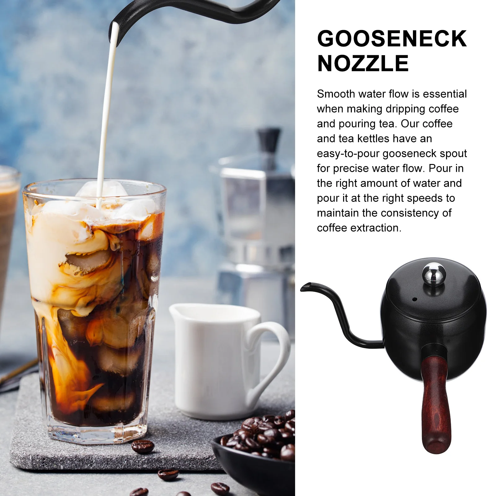 

1Pcs Stainless Steel Coffee Kettle Long Spout Coffee Pot Wood Handle Suitable Kitchen Office Cafe Hand Brewing Pouring