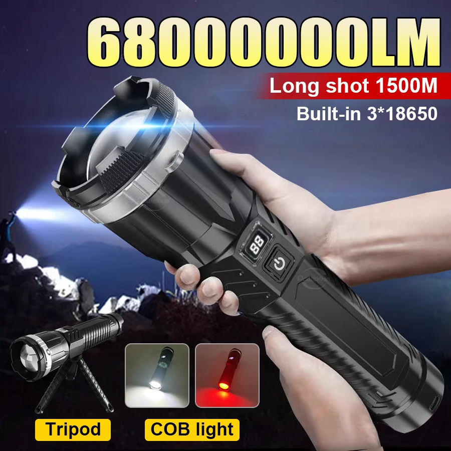 

68000000LM Strong Power LED Flashlight Bright Rechageable Built-in 3*18650 Battery COB Flashlight Outdoor Emergency Camping Zoom