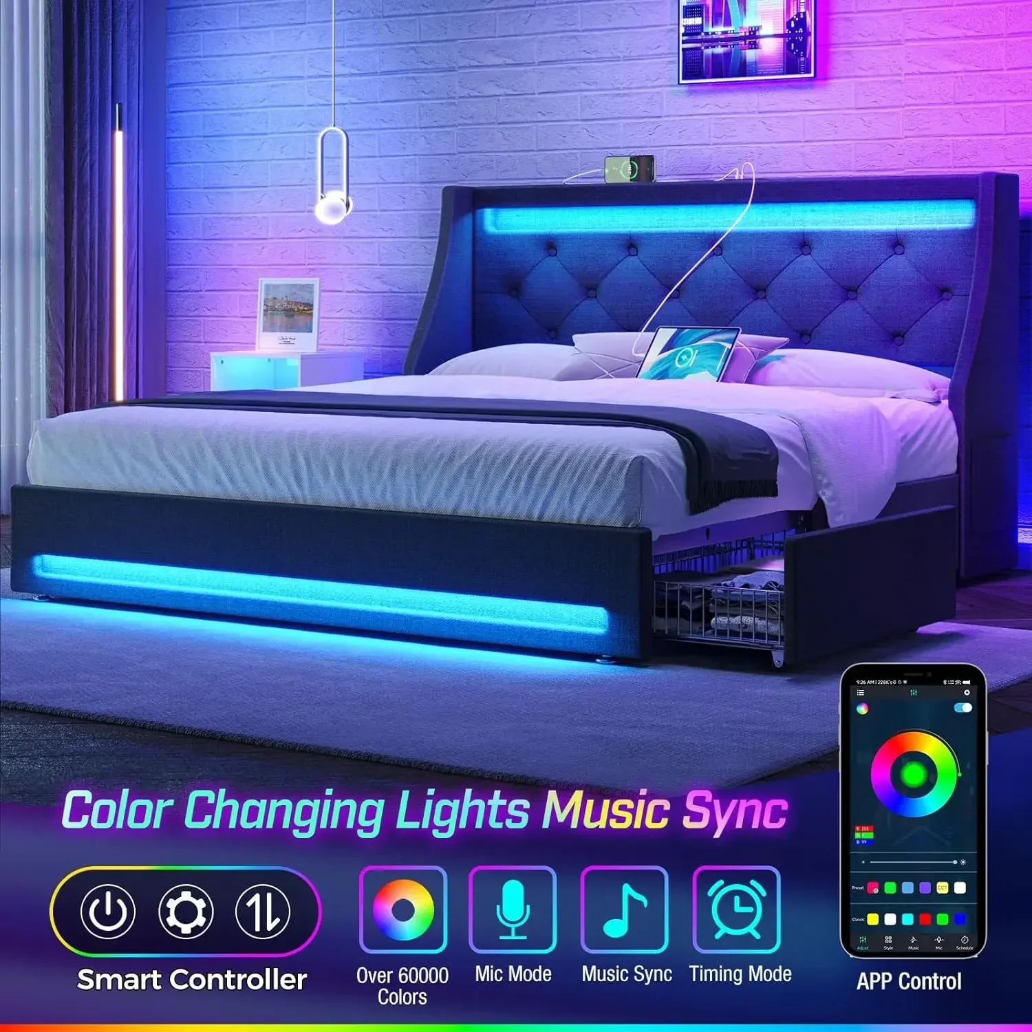 Twin Bed Frame with LED Lights and Charging Station, Upholstered Bed with Drawers, Wooden Slatsy