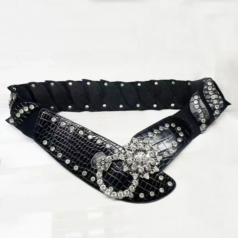 Vrouwen sexy strass riemen bling vintage bloem punk metalen gesp Y2K brede tailleband PU lederen riem voor rokaccessoires