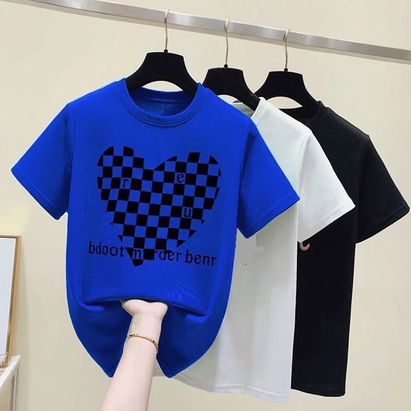 Summer T Shirt for Women 2023 New Korea Fashion Klein Blue Cotton Short Sleeve Love Print Designer Loose Slim Top Women Clothing