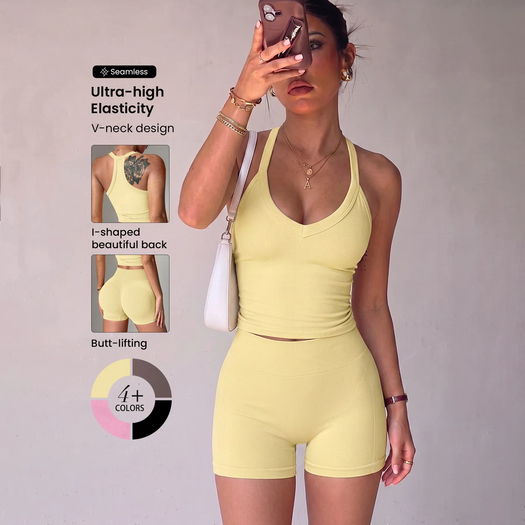 Gutashye Women Slim Seamless Yoga 2Pcs Set Cami Racerback Sports Bra And Yoga Shorts For Outdoor Gym Workout Sports