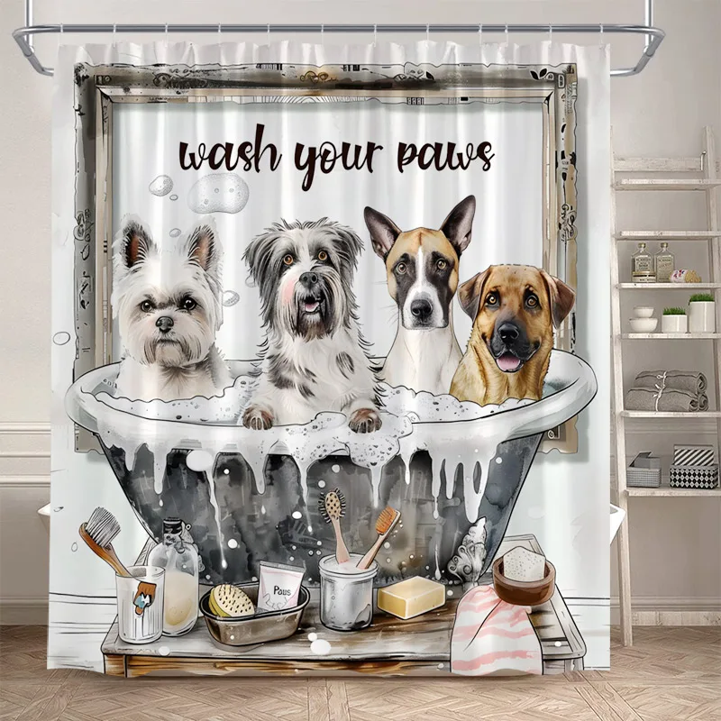 Funny Bathing Dogs Shower Curtain Bathtub Wash Your Paws Cute Pet Cartoon Animals Bath Curtains Fabric Bathroom Decor with Hooks