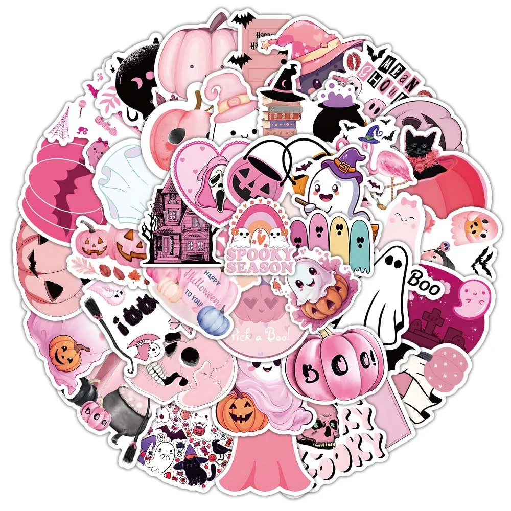 10/30/50Pcs Pink Halloween Cartoon Stickers Cute Ghost Graffiti Sticker Decoration Phone Card Luggage Laptop Cup Kawaii Deacals