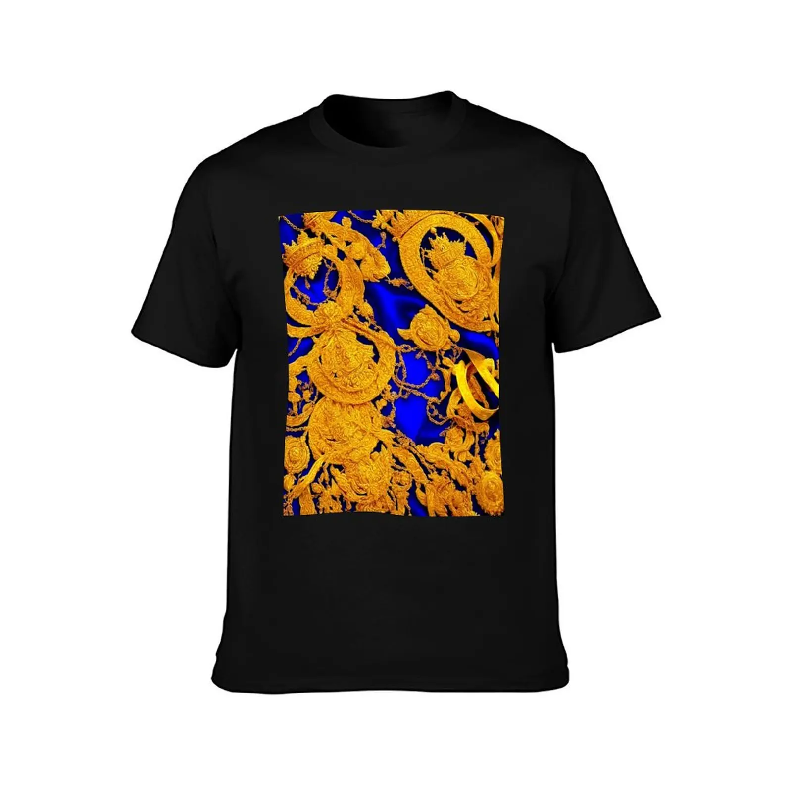 Gold Medallions on Blue Silk T-Shirt baggy shirts plus size tops mens white t shirts