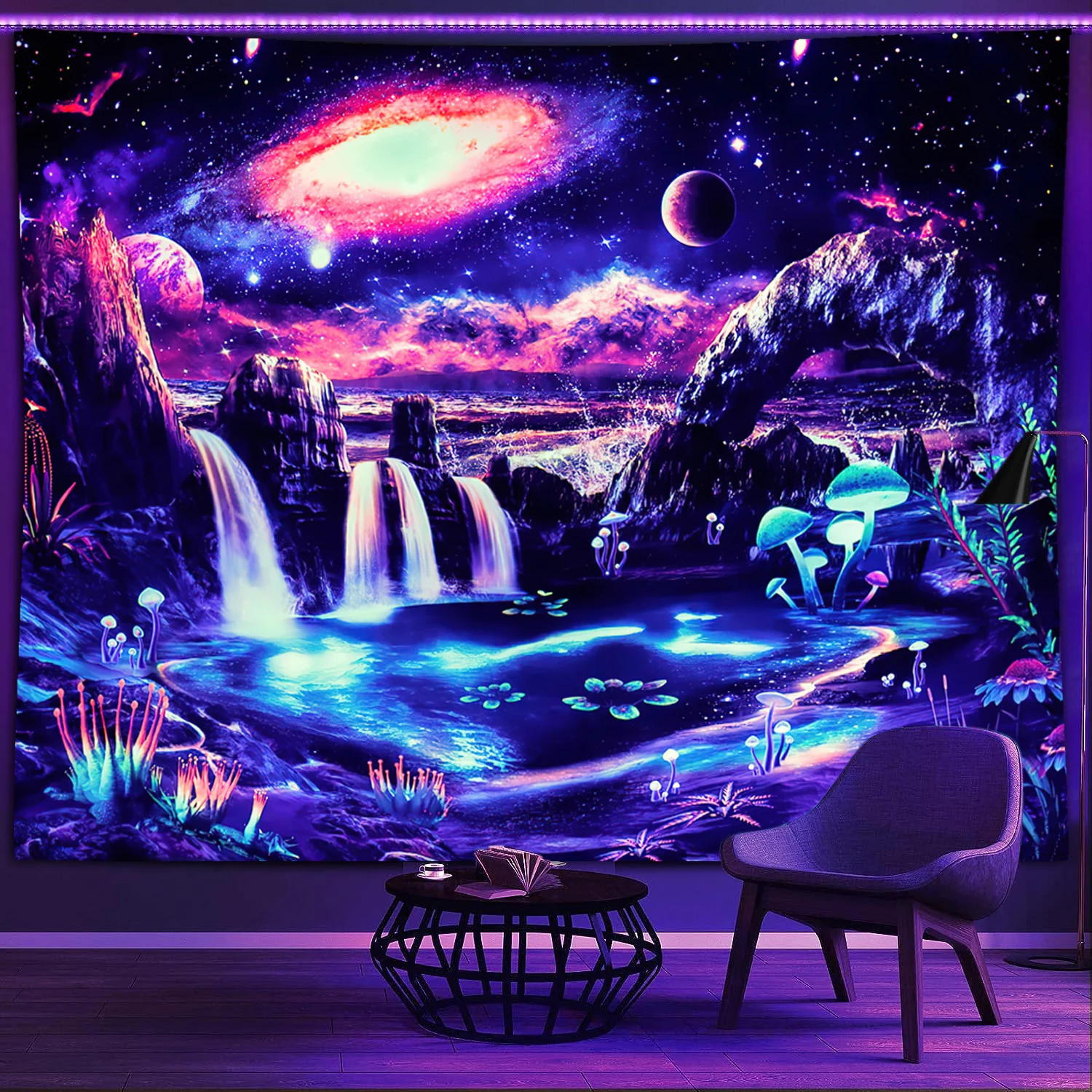 Neon Blacklight Tapestry Fantasy Mountain Waterfall Tapestries,Galaxy UV Reactive Backdrop for Artful Wall Hanging & Home Décor